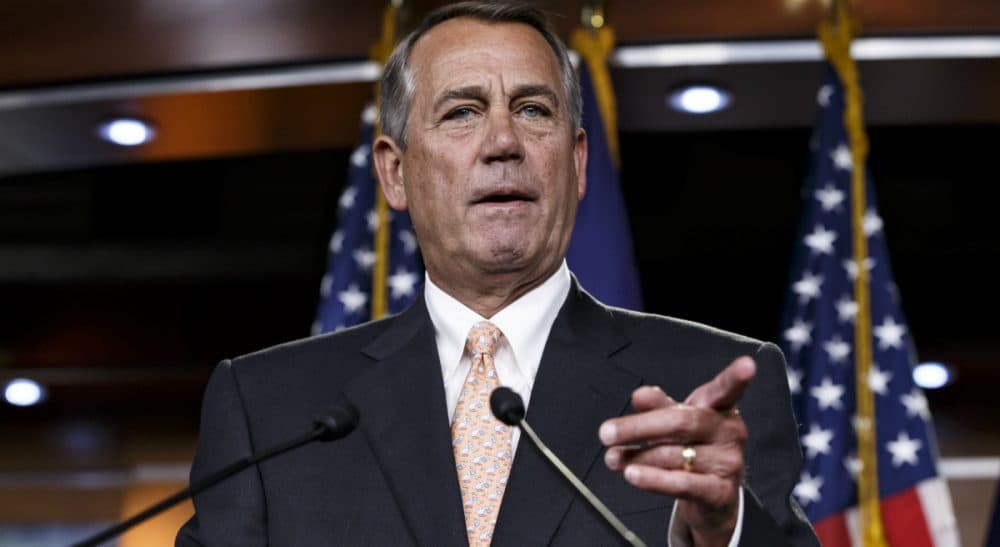 House Speaker John Boehner of Ohio responds to reporters about the problems in passing the Homeland Security budget because of Republican efforts to block President Barack Obama's executive actions on immigration, Thursday, Feb. 26, 2015, during a news conference on Capitol Hill in Washington. (J. Scott Applewhite/AP)
