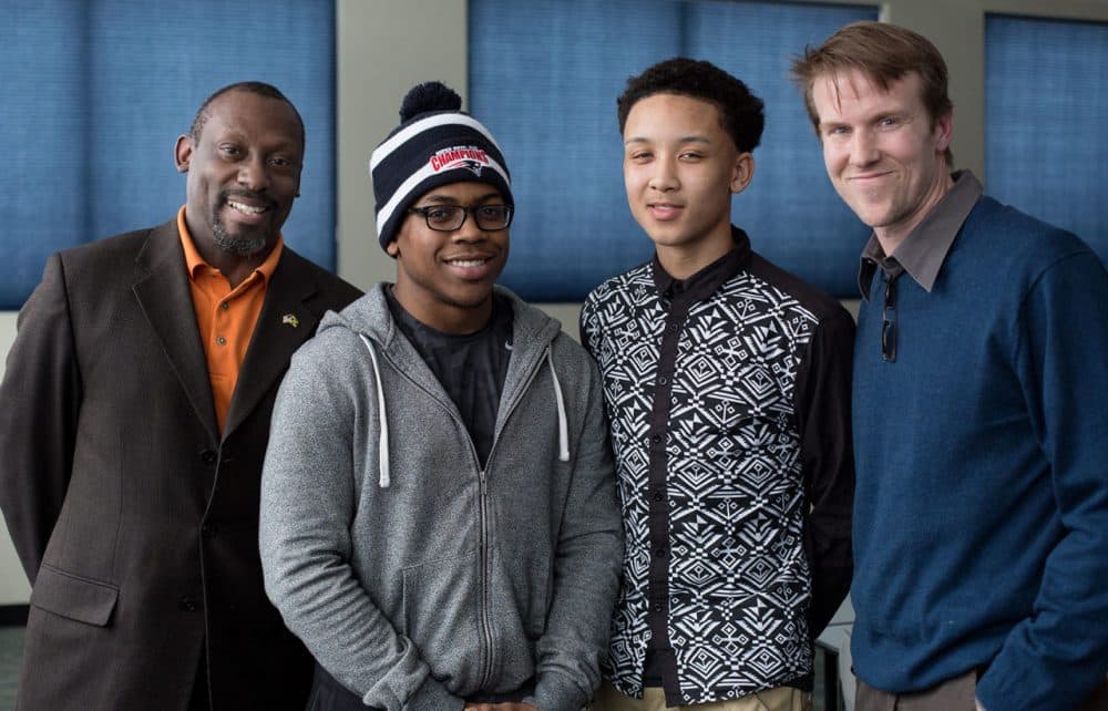 (L-R) Neil Osborne, Max Tilus,Tyler Holness, and  Jack McGoldrick are behind  &quot;Statistic&quot; -- to change the conversation about African-American men. (Robin Lubbock/Here &amp; Now)