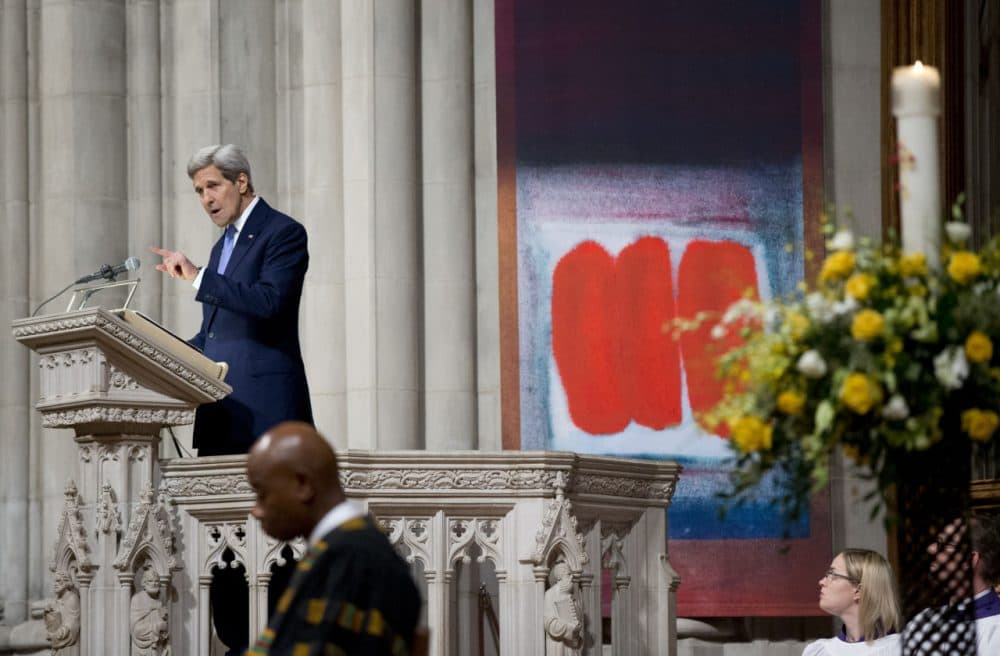 Secretary of State John Kerry pays tribute to the late former Massachusetts Sen. Edward William Brooke III, at the Washington National Cathedral in Washington, during funeral services. Brooke, the first African-American to be popularly elected to the U.S. Senate, died in January. (Manuel Balce Ceneta/AP)
