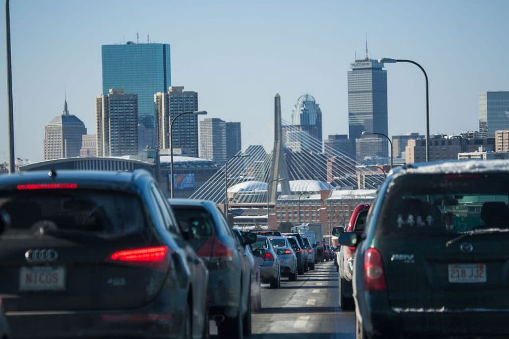About 45 percent of carbon emissions in Massachusetts come from transportation, and the biggest component of that is personal vehicles. (Jesse Costa/WBUR)