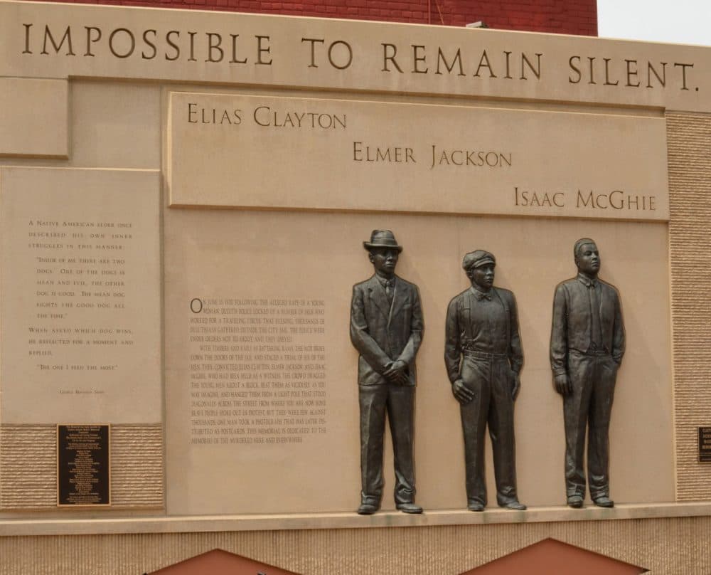 A memorial to three lynching victims in Duluth, Minn. The discovery of a black man hanging from a tree in rural Mississippi has raised the specter of lynching. Authorities have not yet determined the cause of death, but are actively investigating. (artstuffmatters/Flickr)