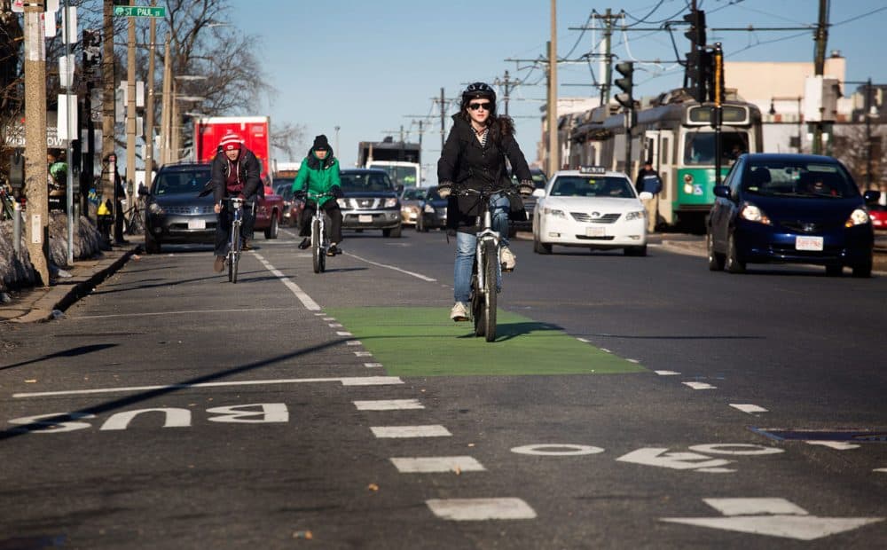 Cyclists ride down Commonwealth Avenue in Boston. (Robin Lubbock/WBUR)