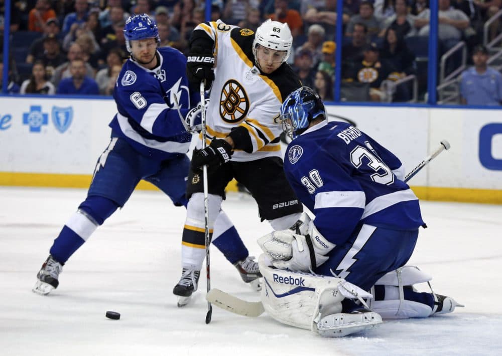 Tampa Bay Lightning goalie Ben Bishop makes a save against Boston Bruins' Brad Marchand as he is defended by Anton Stralman (6), of Sweden, during the third period of Sunday's game in Tampa. (Mike Carlson/AP)