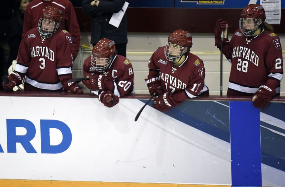 Harvard's Sarah Edney (3), Michelle Picard (20), Briana Mastel (17) and Abbey Frazer (28) watch from the bench in the final minute. (Hannah Foslien/AP)