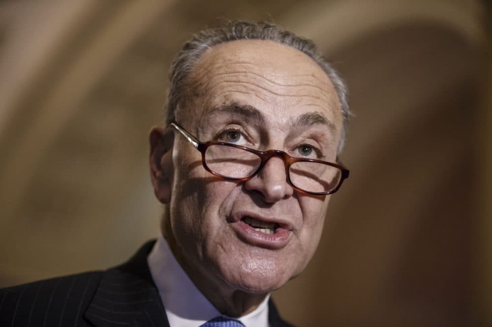 Sen. Chuck Schumer, D-N.Y., and Democratic leaders meet with reporters after Republicans gave up on their quest to stop funding for the Homeland Security Department unless it contained roll backs to counter President Barack Obama's executive actions on immigration, at the Capitol in Washington, Tuesday, March 3, 2015. (J. Scott Applewhite/AP)