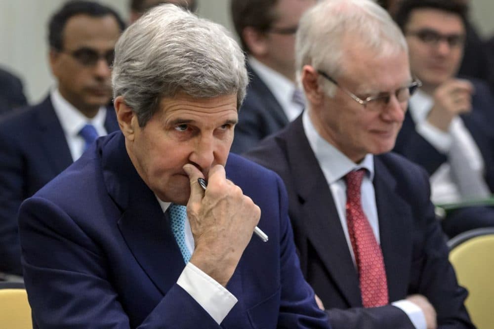 U.S. Secretary of State John Kerry gestures while waiting for the opening of a plenary session with P5+1 ministers, European Union and Iranian minister on Iran nuclear talks at the Beau Rivage Palace Hotel in Lausanne, Switzerland, on March 31, 2015. Foreign ministers from major powers kicked off early a final scheduled day of talks aimed at securing the outlines of a potentially historic nuclear deal with Iran by a midnight deadline. (Fabrice Coffrini/AFP/Getty Images)