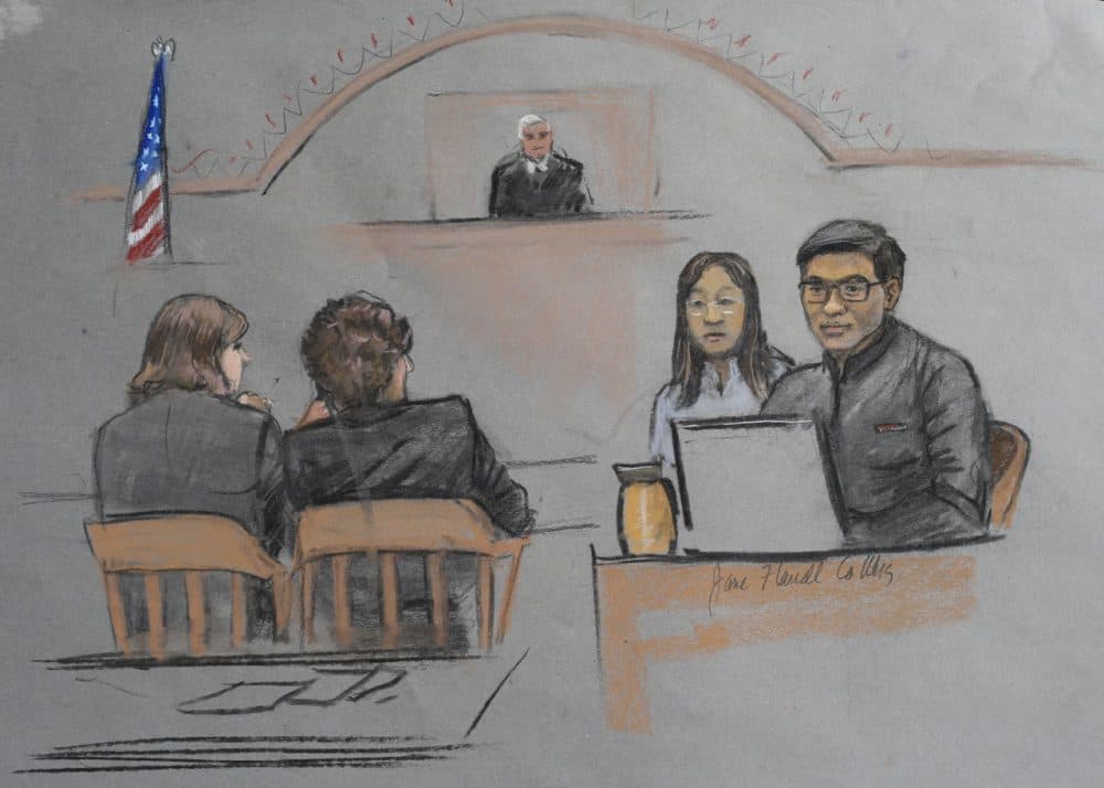 In this courtroom sketch, Dun Meng, far right, testifies with a translator at his side about the night was allegedly carjacked by the Tsarnaev brothers. 