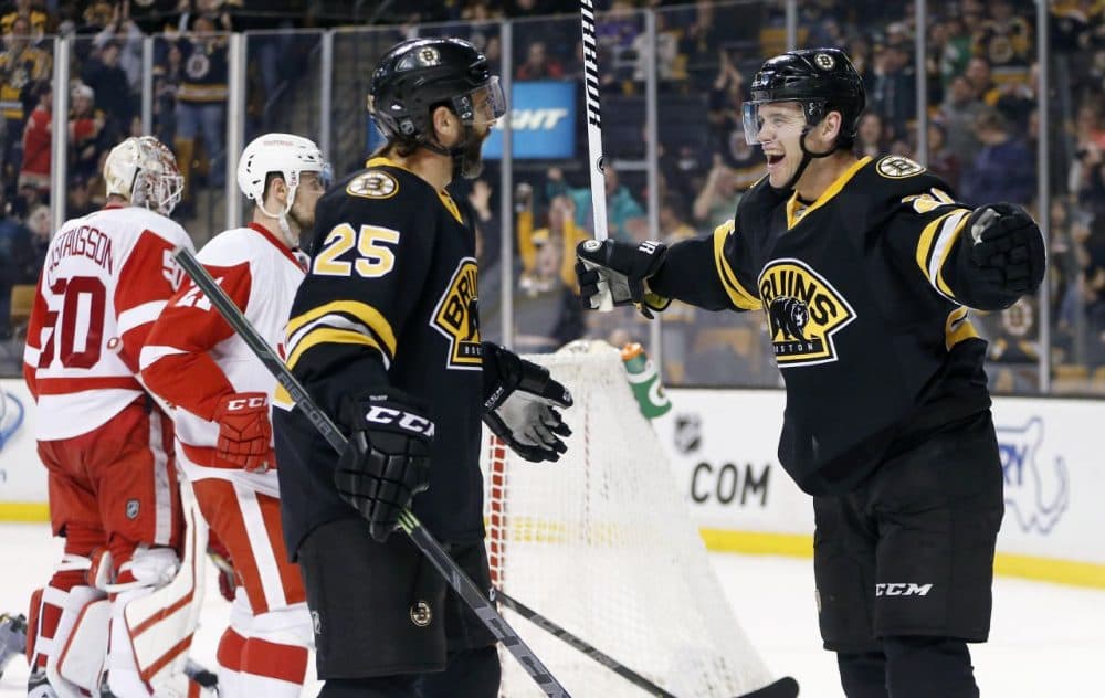 Bruins' Daniel Paille, right, celebrates his second goal of the second period with teammate Max Talbot (25) on Sunday. (AP/Michael Dwyer)