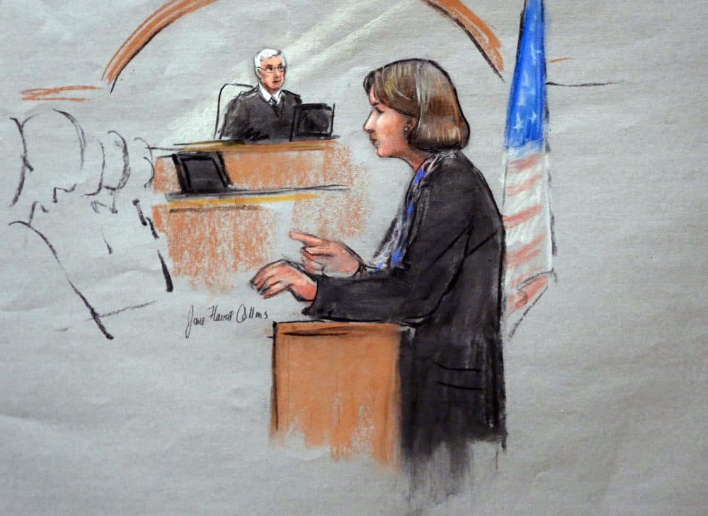 In this courtroom sketch, defense attorney Judy Clarke is depicted delivering opening statements on the first day of the federal death penalty trial of Boston Marathon bombing suspect Dzhokhar Tsarnaev. (Jane Flavell Collins/AP)