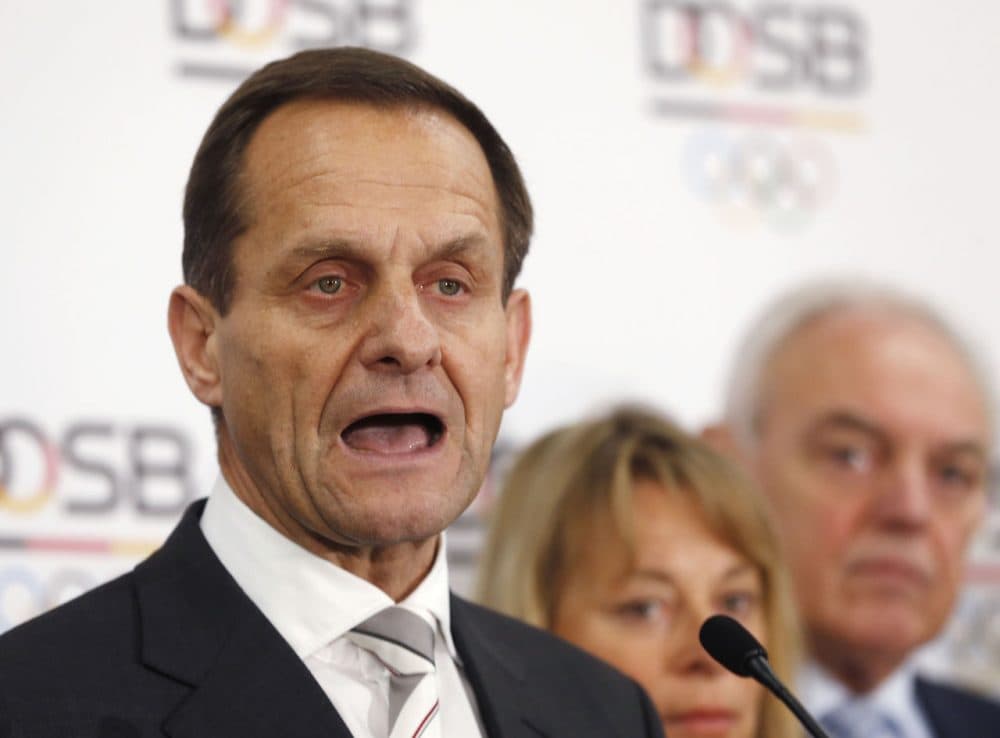 Alfons Hoermann, president of the German Olympic Sports Confederation, makes a statement to the media after a meeting in Frankfurt, Germany, Monday, announcing the selection of Hamburg over Berlin to bid for the 2024 Olympics. (Michael Probst/AP)