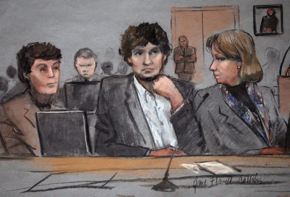 In this courtroom sketch, Dzhokhar Tsarnaev, center, is depicted between defense attorneys Miriam Conrad, left, and Judy Clarke, right, during his federal death penalty trial earlier this month. (Jane Flavell Collins/AP)