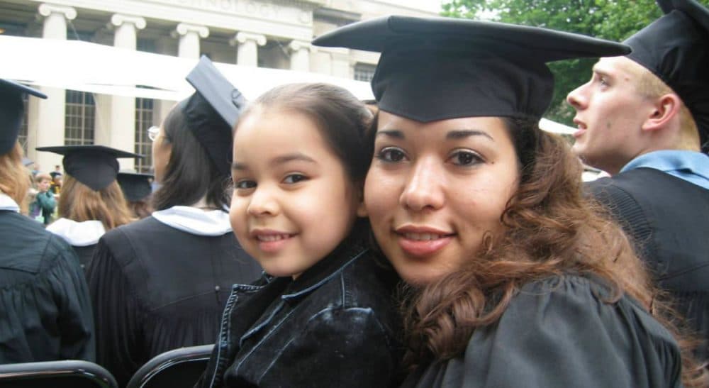 With her daughter in tow, the author graduates from MIT in 2003. Cadena earned two more degrees from MIT: an MBA from the Sloan School of Management and a masters in mechanical engineering. (Noramay Cadena/Courtesy)