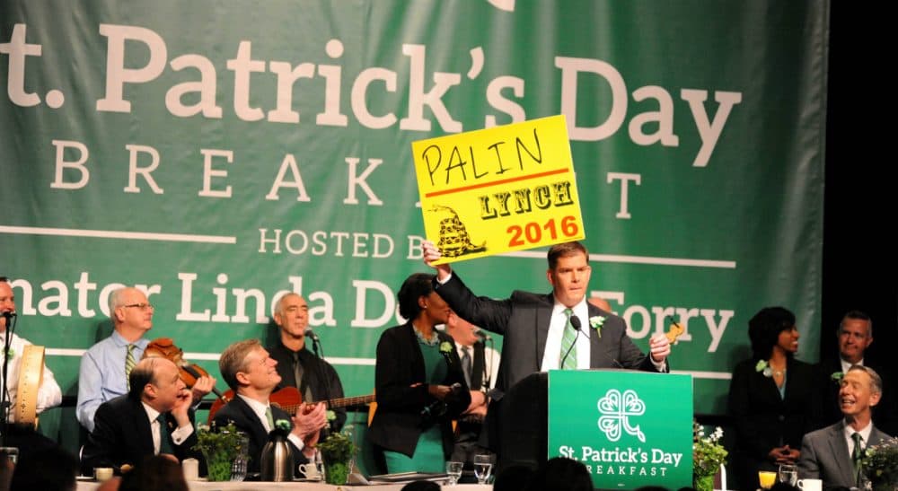 Jimmy Tingle: &quot;How often do elected officials, working in the fishbowl of public life, get to publicly enjoy themselves in the company of their peers and constituents?&quot; Pictured: Boston Mayor Martin Walsh was among local, state and federal officials to celebrate the annual St. Patrick's Day Breakfast on March 15, 2015, hosted by Senator Linda Dorcena Forry, at the Boston Convention and Exhibition Center in South Boston.
(City of Boston Mayor's Office/flickr)