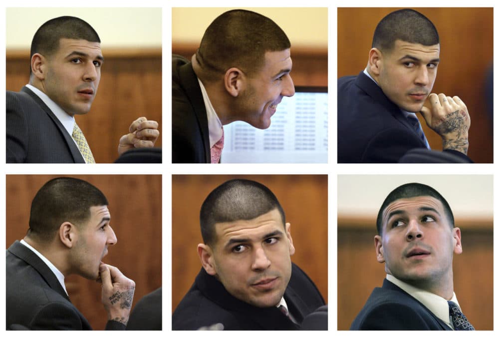 In this panel of 2015 file photos, former New England Patriots player Aaron Hernandez sits in court during his murder trial. He still flashes swagger and a smile during his trial, especially on days when his relatives attend. (AP)