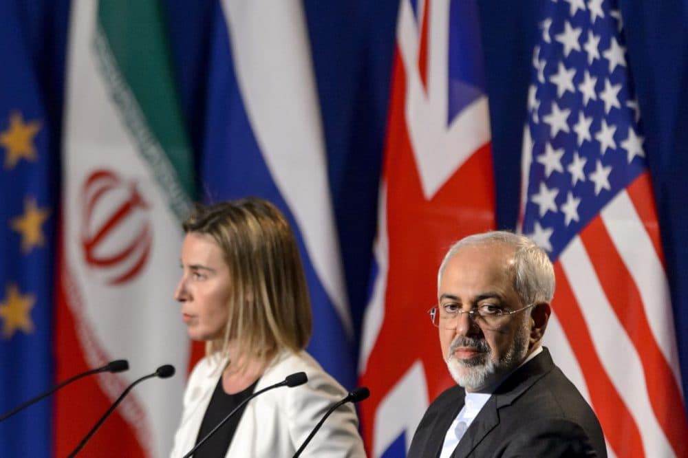 European Union foreign policy chief Federica Mogherini (left) and Iranian Foreign Minister Mohammad Javad Zarif attend the announcement of an agreement on Iran nuclear talks on April 2, 2015 at the The Swiss Federal Institutes of Technology in Lausanne. Iran. (Fabrice Coffrini/AFP/Getty Images)