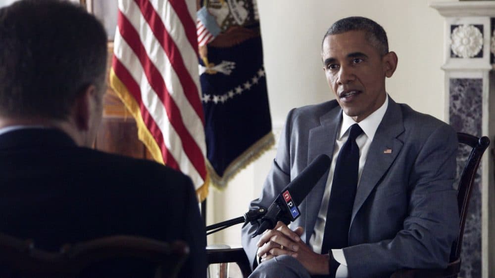 NPR's Morning Edition host Steve Inskeep interviews President Obama at the White House on Monday, April 6, 2015. (Maggie Starbard/NPR)