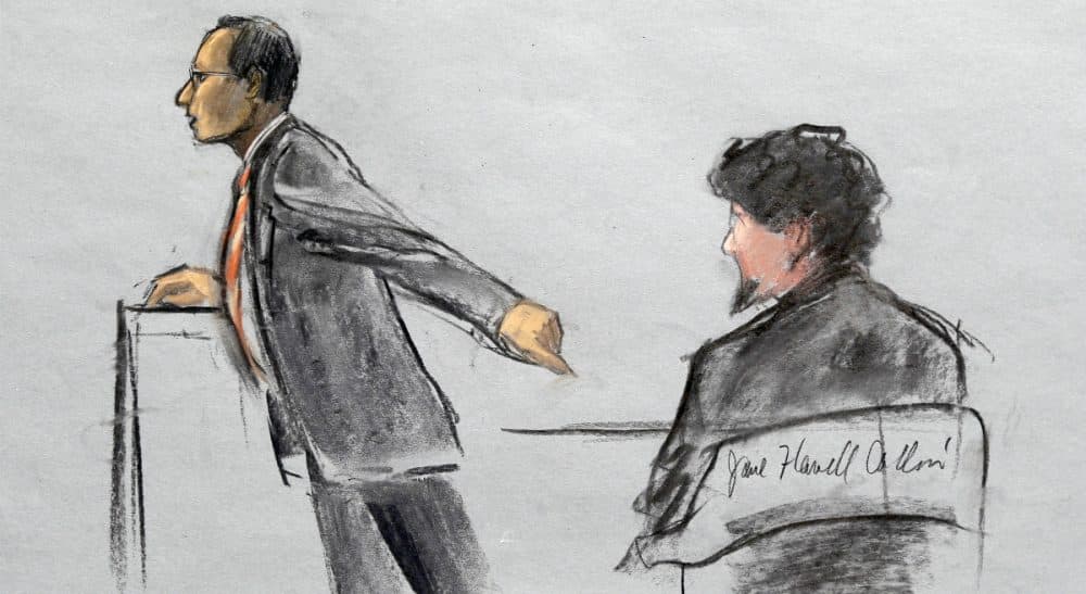 Considering the costs and systemic impacts of the death penalty, also known as the prosaic flip side of the debate. In this courtroom sketch, Assistant U.S. Attorney Aloke Chakravarty is depicted pointing to defendant Dzhokhar Tsarnaev, right, during closing arguments in Tsarnaev's federal death penalty trial Monday, April 6, 2015, in Boston. (Jane Flavell Collins/AP)
