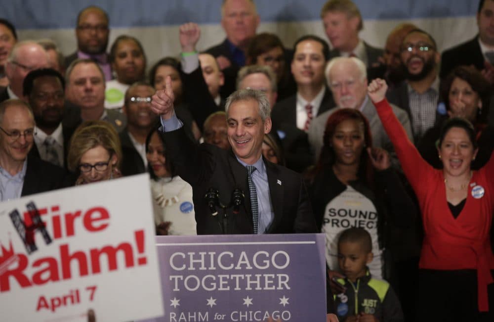 Rahm Emanuel gives the thumbs up during his victory speech after being re-elected Mayor of Chicago at his election night rally April 7, 2015 in Chicago, Illinois. Emanuel defeated Cook County Commissioner Jesus 'Chuy' Garcia in a run-off election, after Emanuel was unable to get a majority vote in February's general election. (Joshua Lott/Getty Images)