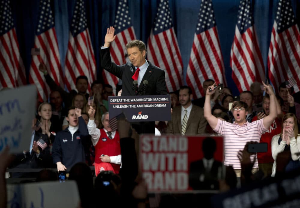 Sen. Rand Paul, R-Ky., announces the start of his presidential campaign as the audience cheers, Tuesday. (Carolyn Kaster/AP)