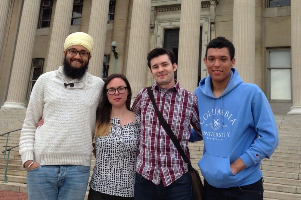 From left, Mandeep Singh, Toni Airaksinen, Andrew Lawson, Keenan Smith are pictured in front of the Columbia University library. Roxanne Padilla had to leave before the photo was taken. (Robin Young)