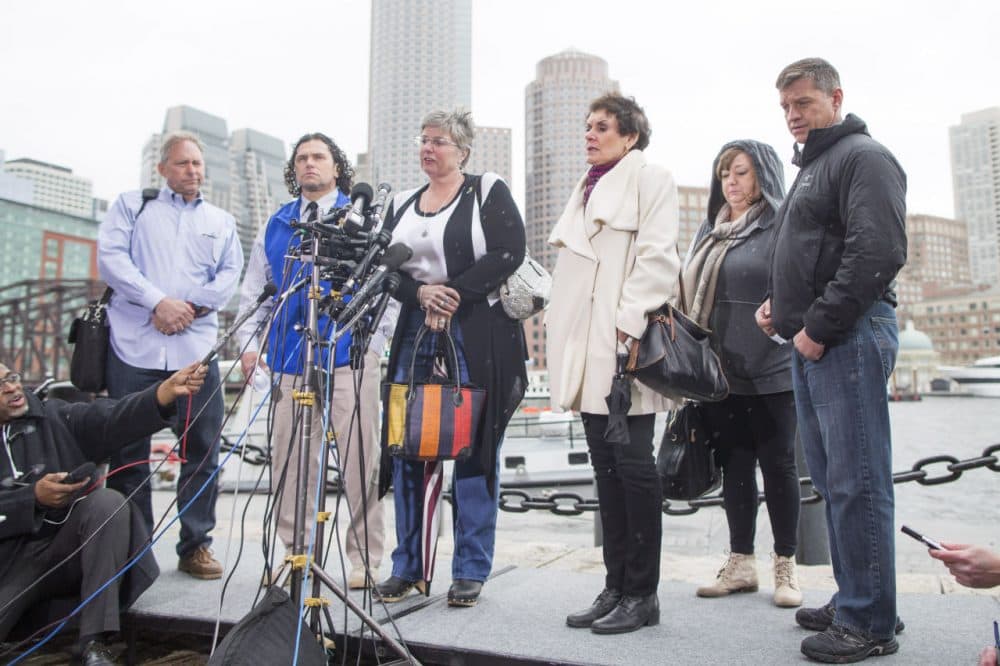 From left: Dana Cohen, Carlos Arredondo, Karen Brassard, Liz Norden, Laurie Scher and Massport Fire Lt. Michael Ward at a press conference outside of John Joseph Moakley United States Courthouse following a verdict in the Marathon Bombing case on on April 8, 2015 in Boston, Massachusetts. Dzhokhar Tsarnaev, 21, was found guilty on all 30 counts related to his involvement in the 2013 bombing, which resulted in three deaths and over 250 injuries. (Scott Eisen/Getty Images)