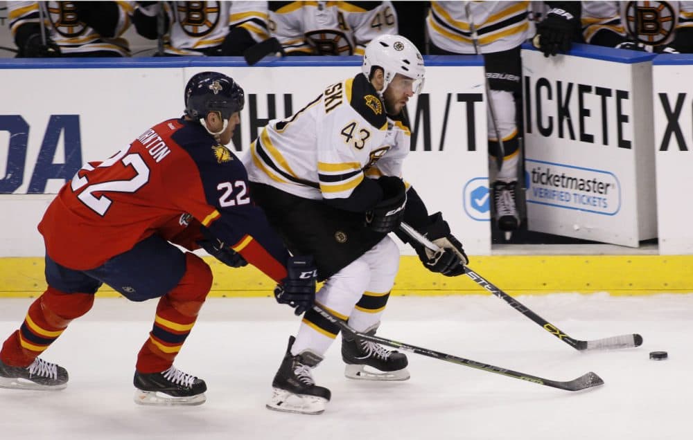 Florida Panthers right wing Shawn Thornton and Boston Bruins defenseman Matt Bartkowski chase the puck on Thursday, April 9, 2015, in Sunrise, Fla. The Panthers defeated the Bruins 4-2. (Terry Renna/AP)
