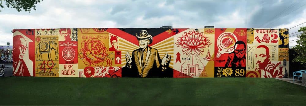 Shepard Fairey's Wynwood Walls mural in memory of developer and Wynwood visionary Tony Goldman was one of the pieces that inspired Justin Peck's new ballet, Heatscape. Fairey created the backdrop for the ballet. (Courtesy of Shepard Fairey/Obey Giant Art)