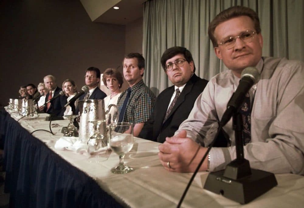 The McVeigh jury members address the media during a news conference in Denver, Colo., Saturday, June 14, 1997.  From right to left are: Roger Brown, Fred Clarke, Doug Carr, Diane Faircloth, James Osgood, Tonya Stedman, Mike Leeper, Ruth Meier, Jonathon Candelaria, Martha Hite and Vera Chubb. (Michael S. Green/AP)