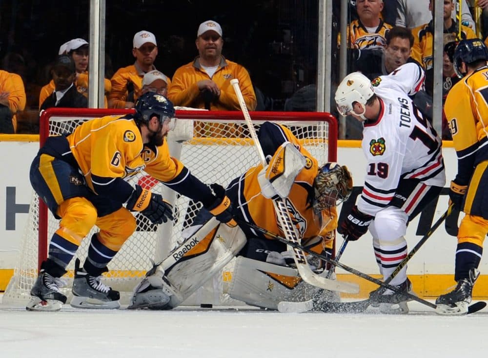 Jonathan Toews #19 of the Chicago Blackhawks scores a goal against goalie Pekka Rinne #35 of the Nashville Predators in the second period of Game One of the Western Conference Quarterfinals during the 2015 NHL Stanley Cup Playoffs at Bridgestone Arena on April 15, 2015 in Nashville, Tennessee. (Frederick Breedon/Getty Images)