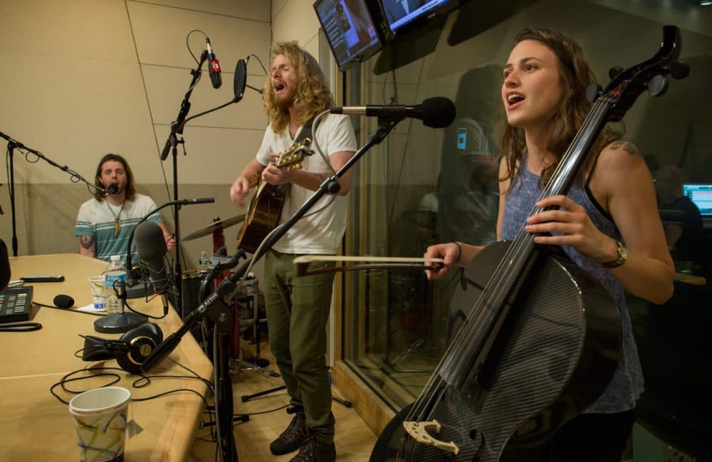 The Ballroom Thieves in the Radio Boston studio (from left to right: Devin Mauch, Martin Earley and Calin Peters). (Robin Lubbock/WBUR)