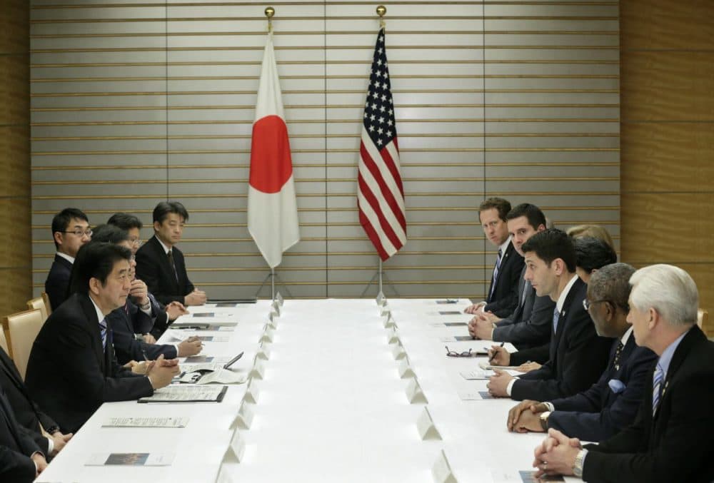 U.S. House of Representatives Ways and Means Committee Chairman Paul Ryan (third from right) talks with Japanese Prime Minister Shinzo Abe (third from right) on Trans-Pacific Partnership (TPP) and other issues at the start of talks at the latter's official residence in Tokyo in Tokyo on February 19, 2015. (Kimimasa Mayama/AFP/Getty Images)