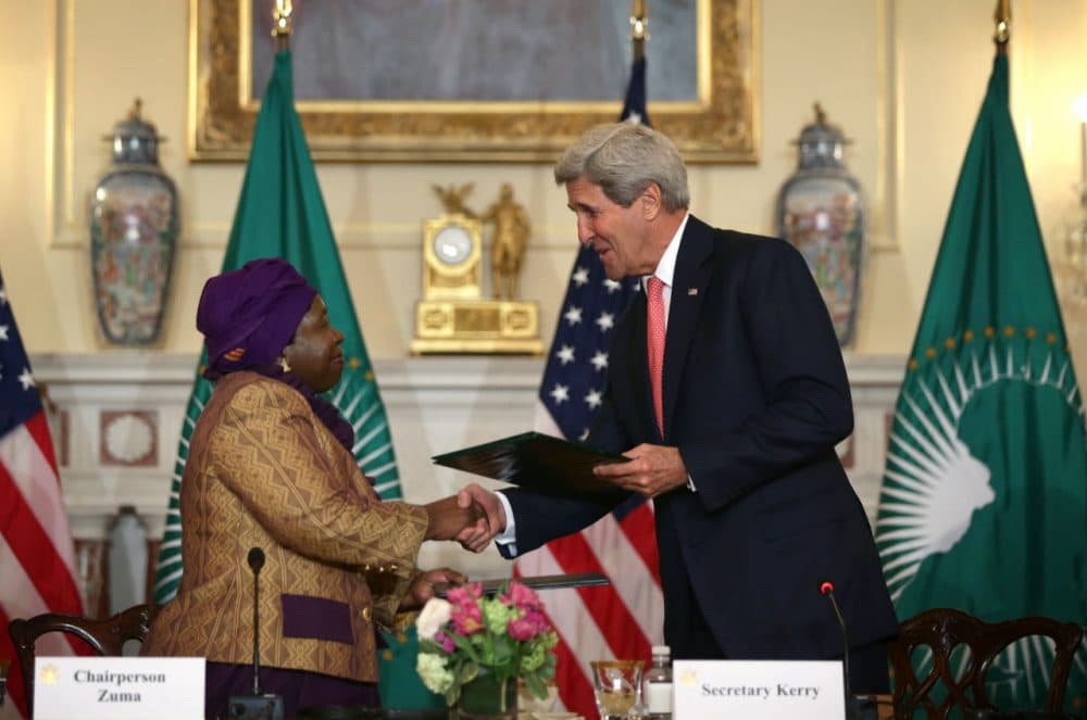 U.S. Secretary of State John Kerry (right) and African Union Commission Chairperson Nkosazana Dlamini Zuma shake hands during a signing ceremony of a Memorandum of Cooperation to Support the African Centres for Disease Control and Prevention during the opening of the African Union Commission High Level Dialogue April 13, 2015 at the State Department in Washington, D.C. Through the signing of the memorandum, the U.S. CDC will provide technical expertise to the African Union to support establishing an African Surveillance and Response Unit and an Emergency Operations Center within the African CDC. (Alex Wong/Getty Images)