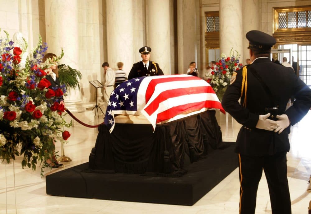 The casket bearing body of Chief Justice William H. Rehnquist lies in the Great Hall of the U.S. Supreme Court, in Washington, Tuesday, Sept. 6, 2005.  The casket rests on the Lincoln Catafalque, the platform that bore President Abraham Lincoln's remains following his death in 1865. (Manuel Balce Ceneta/AP)
