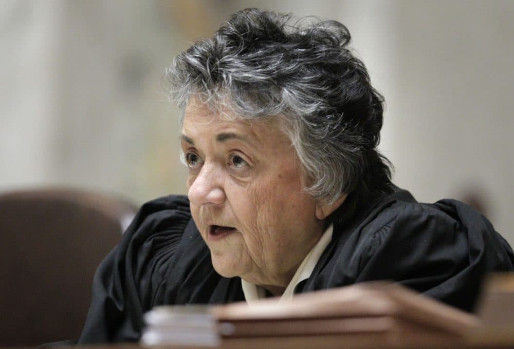 Wisconsin Supreme Court Chief Justice Shirley Abrahamson questions state attorney general J.B. Van Hollen, during arguments in Madison Teachers Inc. vs. Scott Walker, in the Wisconsin Supreme Court at the state Capitol in Madison, Wis., Monday, Nov. 11, 2013. (M.P. King/Wisconsin State Journal via AP)