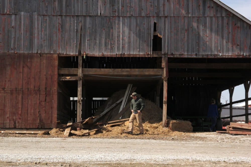 Farmer Levi Greuel spends a sunny Saturday afternoon fixing up his farm equipment and tearing down an old wooden barn in preparation for planting season. (Abby Wendle/Harvest Public Media)
