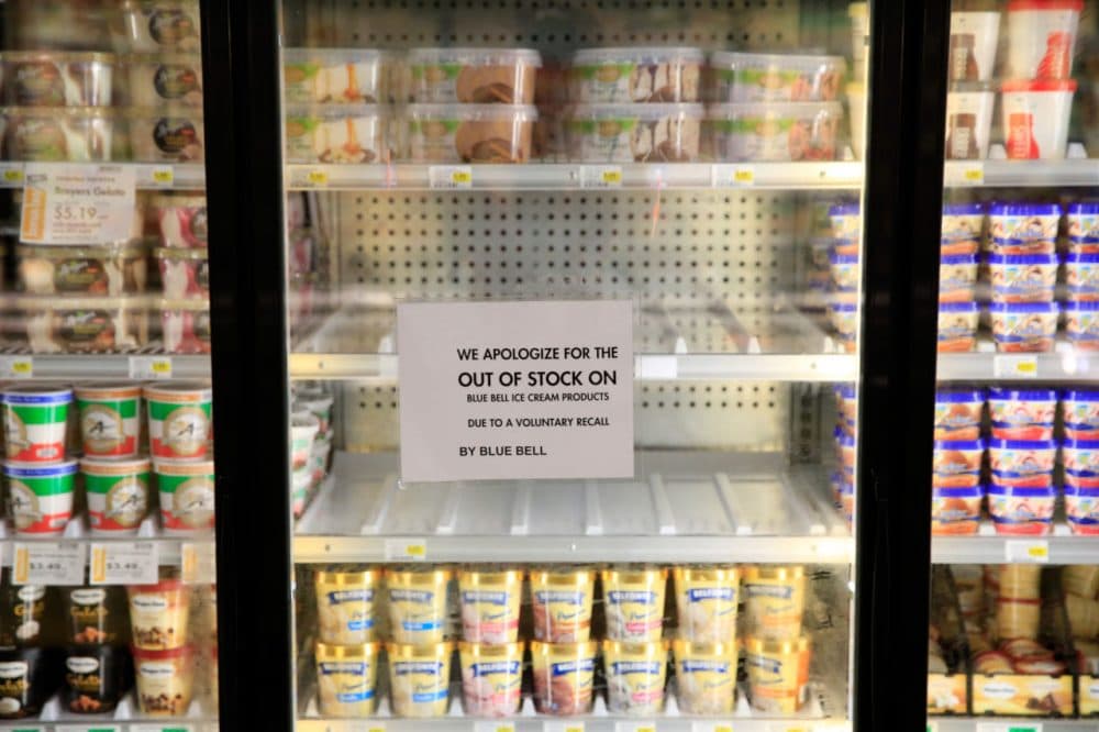 Shelves are bare and signs are posted where Blue Bell products were displayed in a grocery store on April 21, 2015 in Overland Park, Kansas. Blue Bell Creameries recalled all products following a listeria contamination. (Jamie Squire/Getty Images)