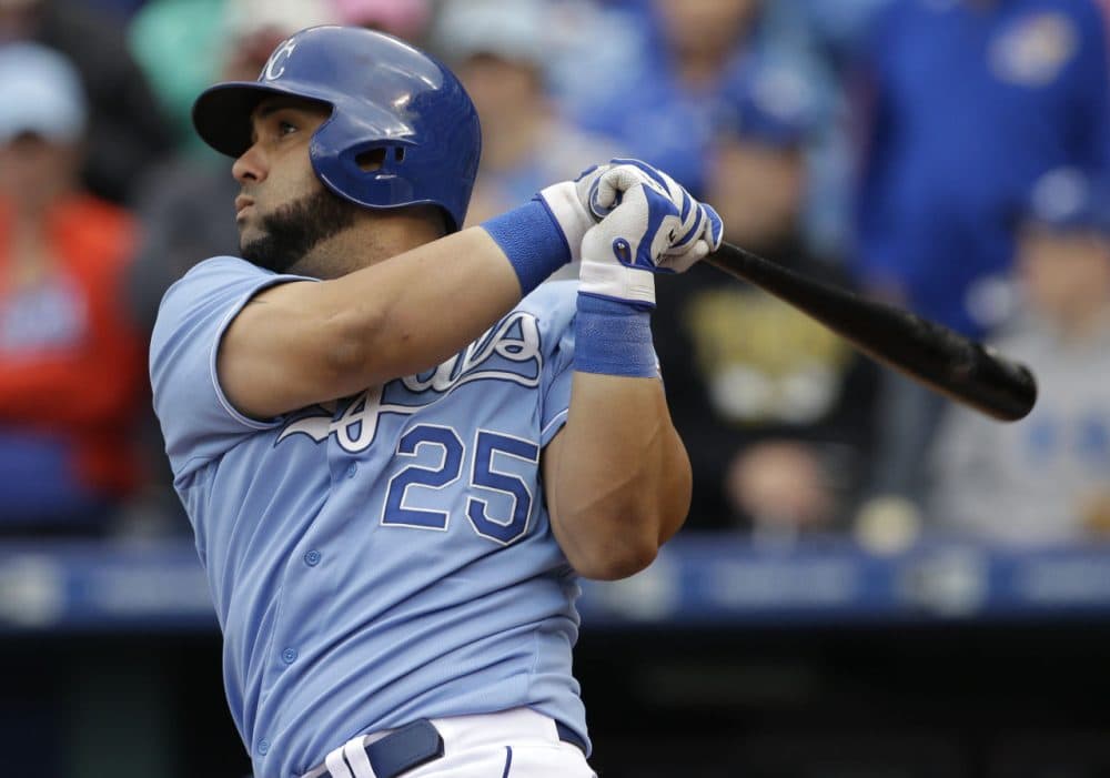 Kansas City Royals designated hitter Kendrys Morales (25) hits a two-run double during a baseball game against the Oakland Athletics at Kauffman Stadium in Kansas City, Mo., on April 19. (Orlin Wagner/AP)