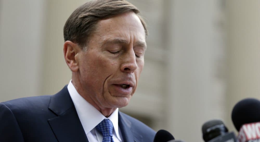 Former CIA director David Petraeus pauses as he speaks to the media as he leaves the federal courthouse in Charlotte, N.C., Thursday, April 23, 2015 after pleading guilty to sharing top government secrets with his biographer. Petraeus, whose career was destroyed by an extramarital affair with his biographer, was sentenced to two years' probation and fined $100,000 for giving her classified material while she was working on the book. (Chuck Burton/AP)