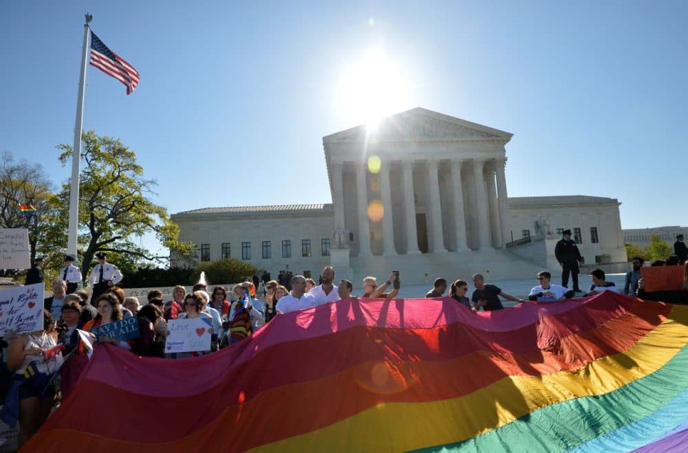 Supporters of same-sex marriages gather outside the U.S. Supreme Court waiting for its decision on April 28, 2015 in Washington, D.C. The U.S. Supreme Court is hearing arguments on whether gay couples have a constitutional right to wed -- a potentially historic decision that could see same-sex marriage recognized nationwide. (Mladen Antonov/AFP/Getty Images)