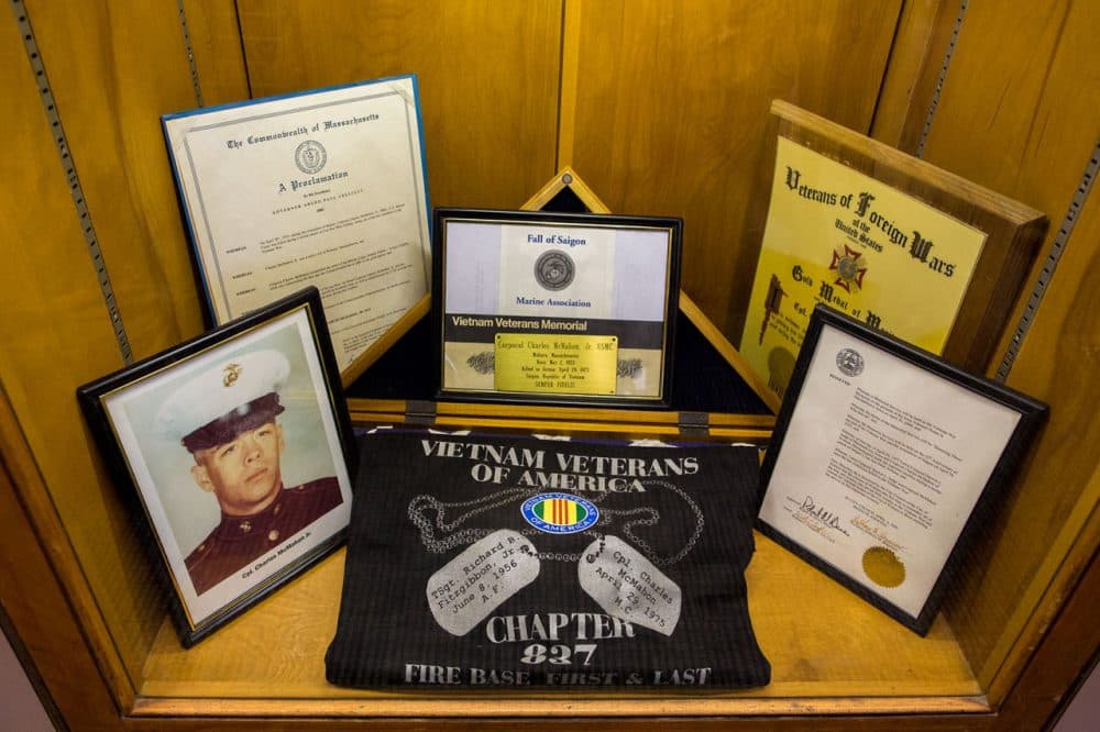 Charlie McMahon spent much of his childhood at the Woburn Boys Club before joining the Marines. One of the last two U.S. service members to die in the Vietnam War, a memorial wall now hangs in the club in his honor (Jesse Costa/WBUR)