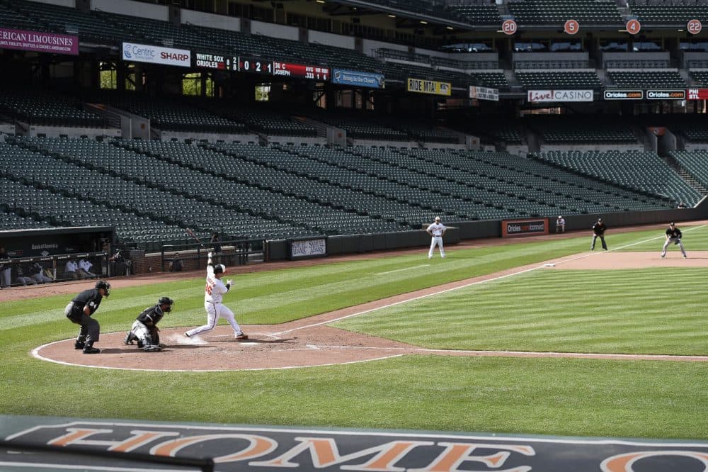 Baltimore Orioles' Caleb Joseph at bat against the Chicago White Sox in a baseball game, Wednesday, April 29, 2015, in Baltimore. Due to security concerns the game was closed to the public. (Gail Burton/AP)