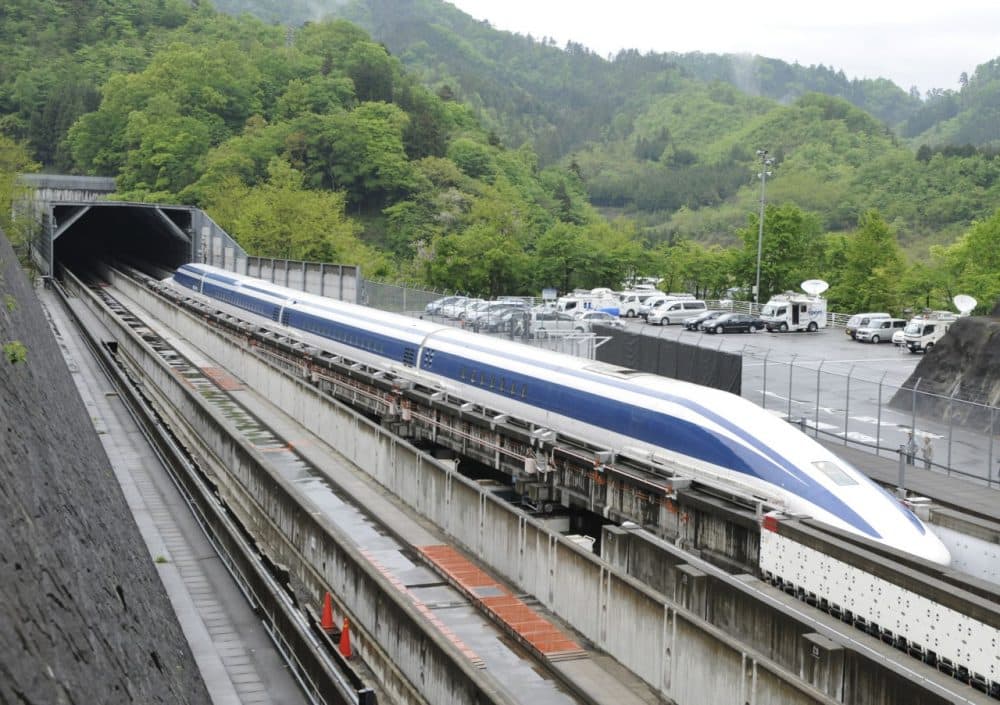 The Maglev (magnetic levitation) train speeds during a test run on the experimental track in Tsuru, 100km west of Tokyo, on May 11, 2010.  (Toru Yamanaka/AFP/Getty Images)