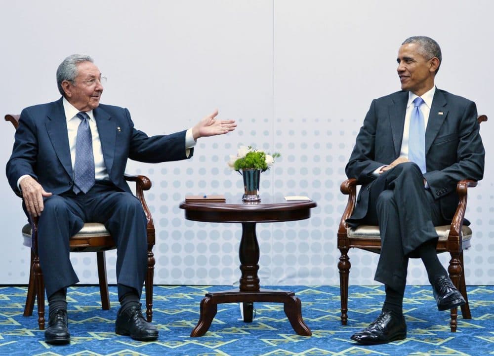 Cuba's President Raul Castro speaks during a meeting with U.S. President Barack Obama on the sidelines of the Summit of the Americas at the ATLAPA Convention center on April 11, 2015 in Panama City. (Mandel Ngan/AFP/Getty Images)