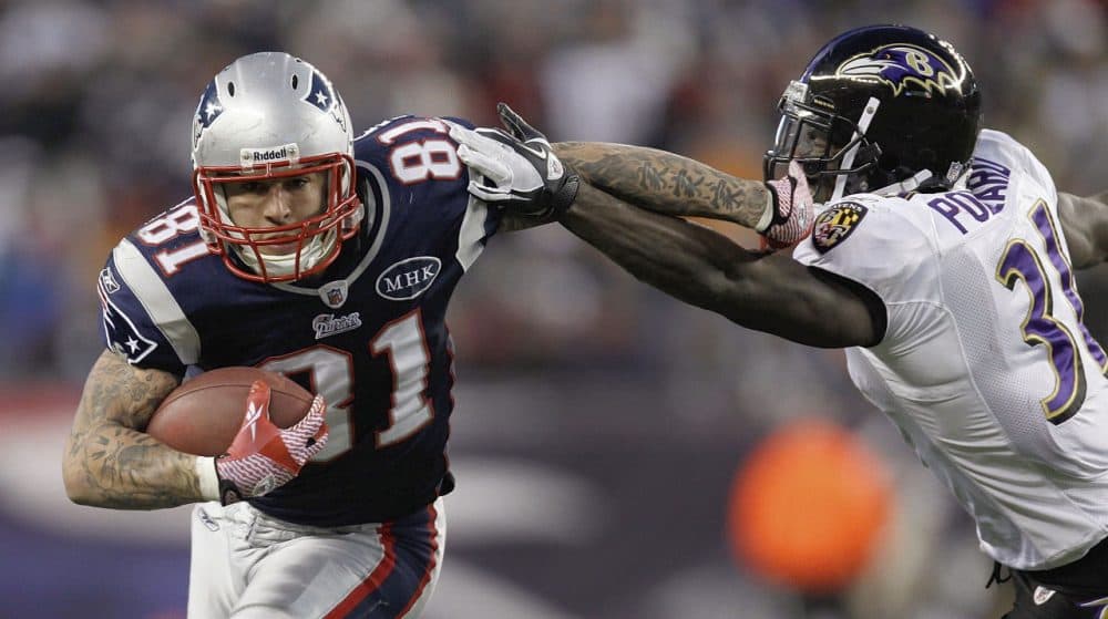 Former New England Patriots tight end Aaron Hernandez during the first half of the AFC Championship in 2012.  (AP Photo/Matt Slocum)