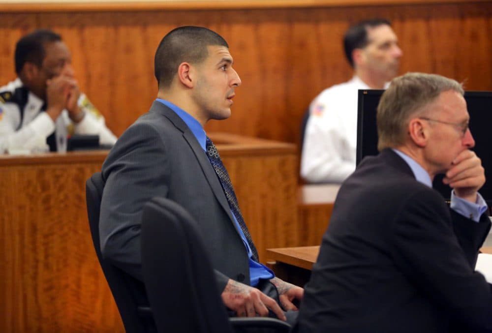 Aaron Hernandez listened as the judge gave jury instructions Tuesday in his murder trial. (John Tlumacki/The Boston Globe/Pool)