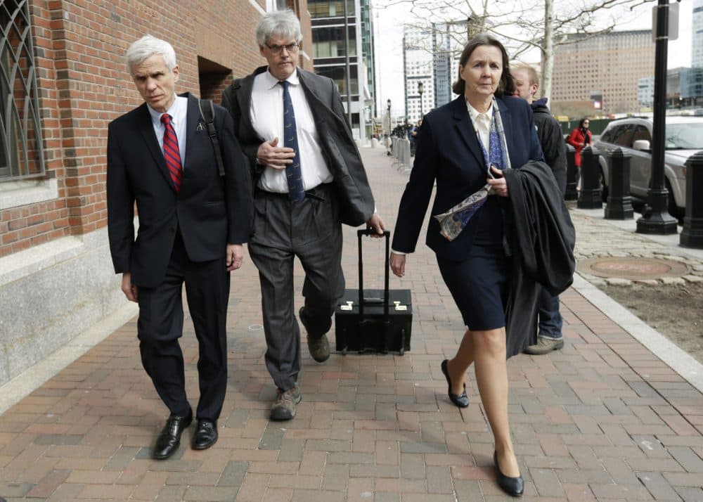 Dzhokhar Tsarnaev's defense attorneys, from left, David Bruck, Timothy Watkins and Judy Clarke, leave federal court in Boston Monday. (Steven Senne/AP)