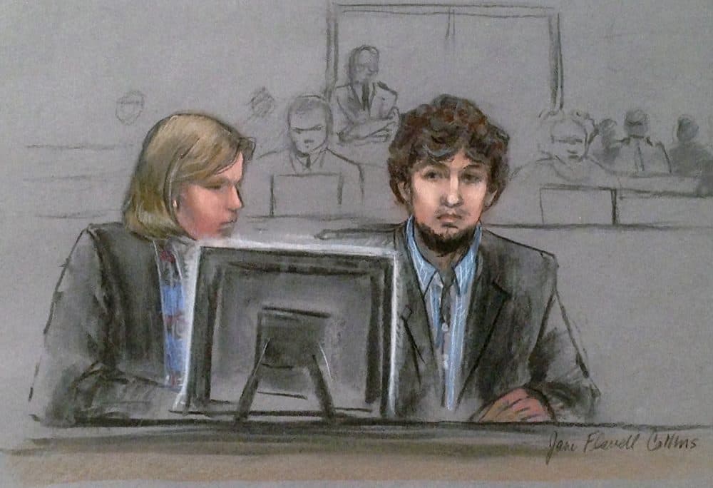 Dzhokhar Tsarnaev, right, with defense attorney Judy Clarke.  (Jane Flavell Collins via AP)