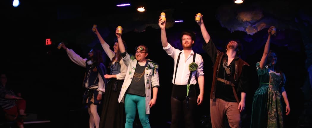 The cast of &quot;S***-Faced Shakespeare&quot; toasts the audience.  (Marc J. Franklin)