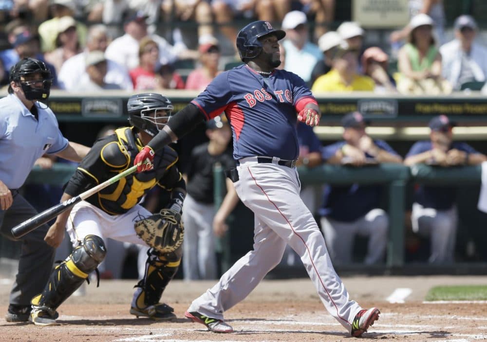 Boston Red Sox designated hitter David Ortiz watches his three-run home run clear the center field wall during the third inning of a spring training exhibition baseball game against the Pittsburgh Pirates in Bradenton, Fla., Thursday, March 12, 2015. (Carlos Osorio/AP)