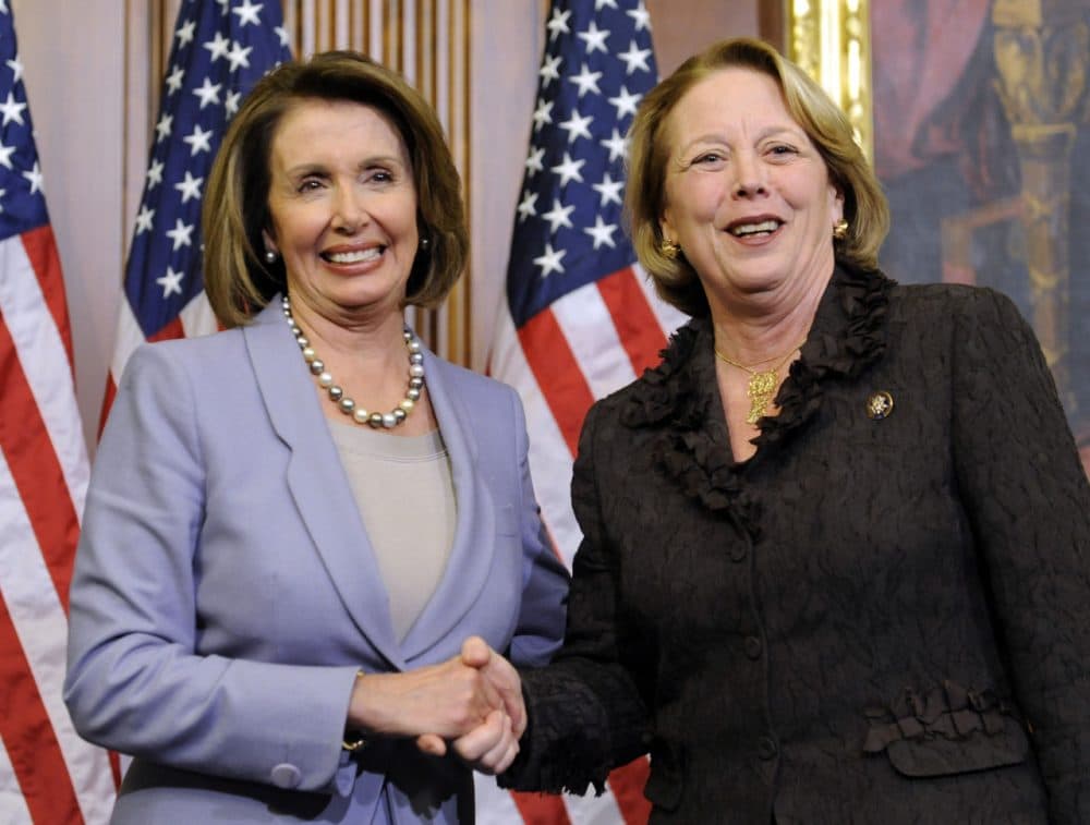 In this 2009 photo, then-House Speaker Nancy Pelosi, left, of Calif. shakes hands with Rep. Niki Tsongas. (Susan Walsh/AP)